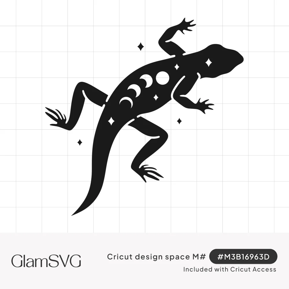 Black silhouette of a climbing lizard with crescent moon phases on its back and small sparkling stars around it