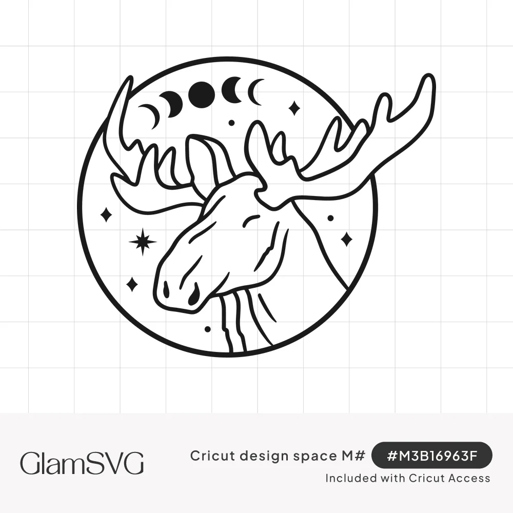 Black line art moose head with antlers inside a circle topped with moon phases and scattered stars