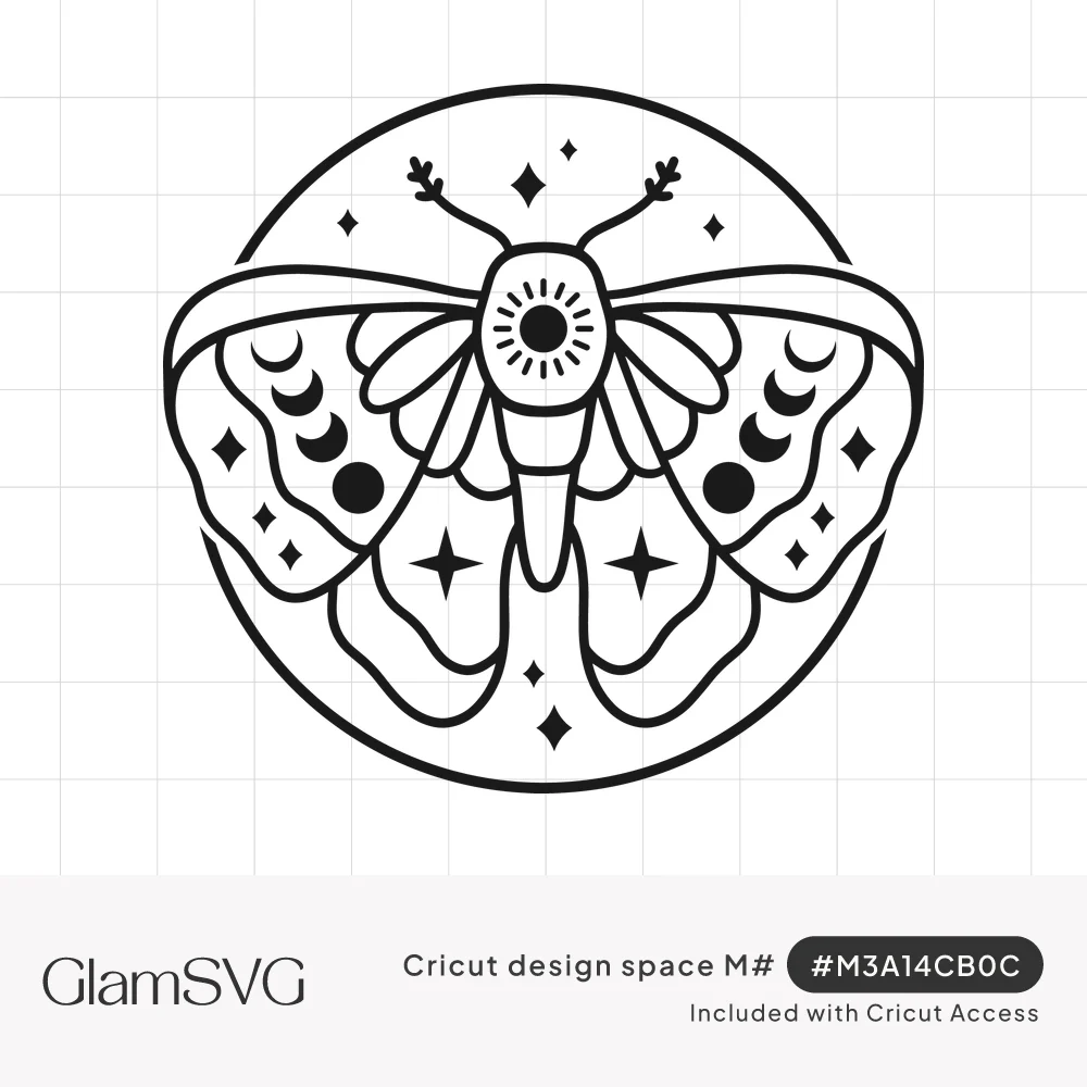 Black line art moth with moon phases on its wings, a sunburst body and small stars inside a circle