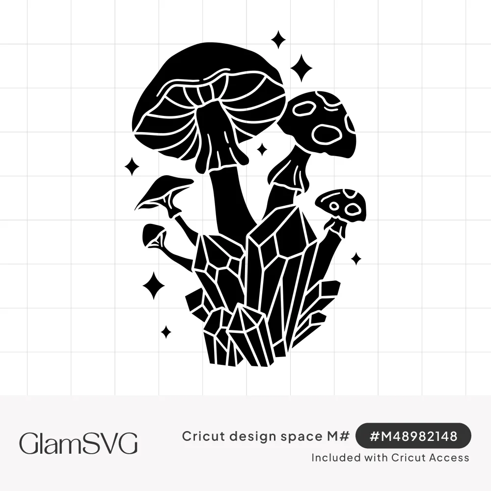 Black silhouette of tall mushrooms with spotted caps growing from a cluster of crystals, surrounded by small sparkles