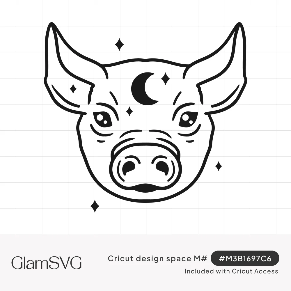 Black line art pig face with a crescent moon on its forehead and small sparkles scattered around it