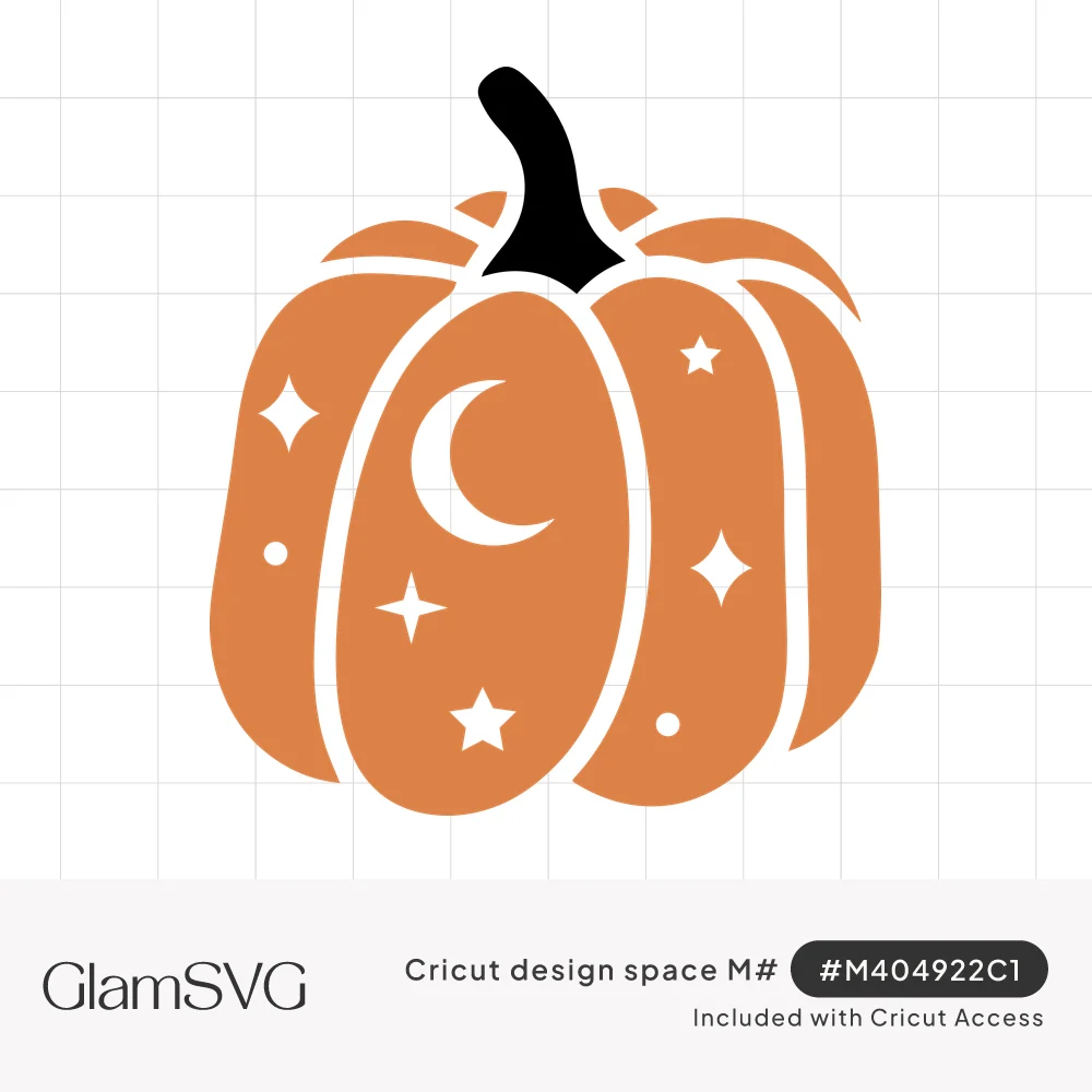Orange pumpkin with a black stem and white crescent moon, stars and sparkles cut into its sections