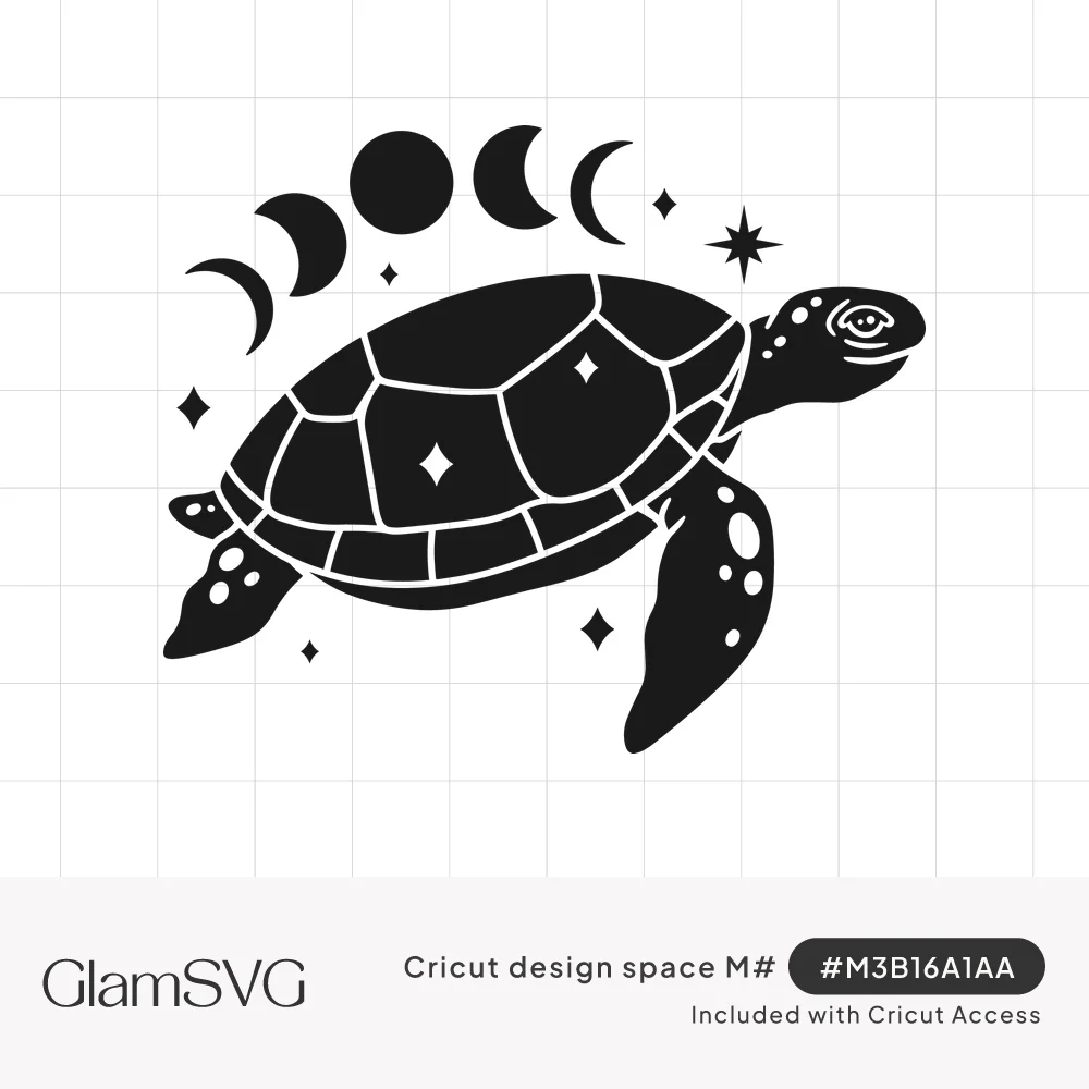 Black silhouette of a swimming sea turtle with star-dotted shell beneath an arc of moon phases and sparkles