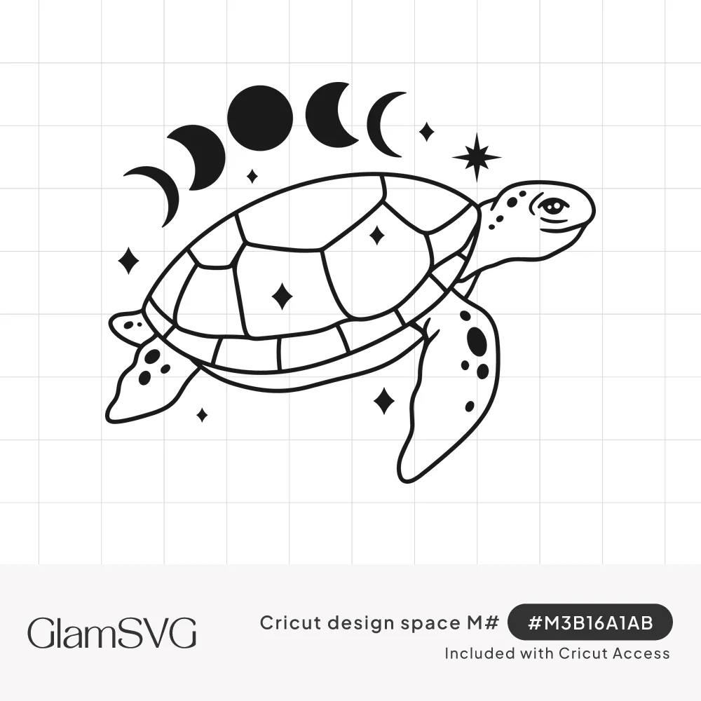Black line art sea turtle swimming beneath an arc of moon phases with small sparkling stars around it