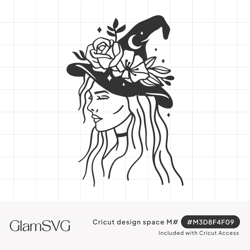 Line art of a woman with long hair and closed eyes wearing a witch hat decorated with roses, leaves, a crescent moon and star