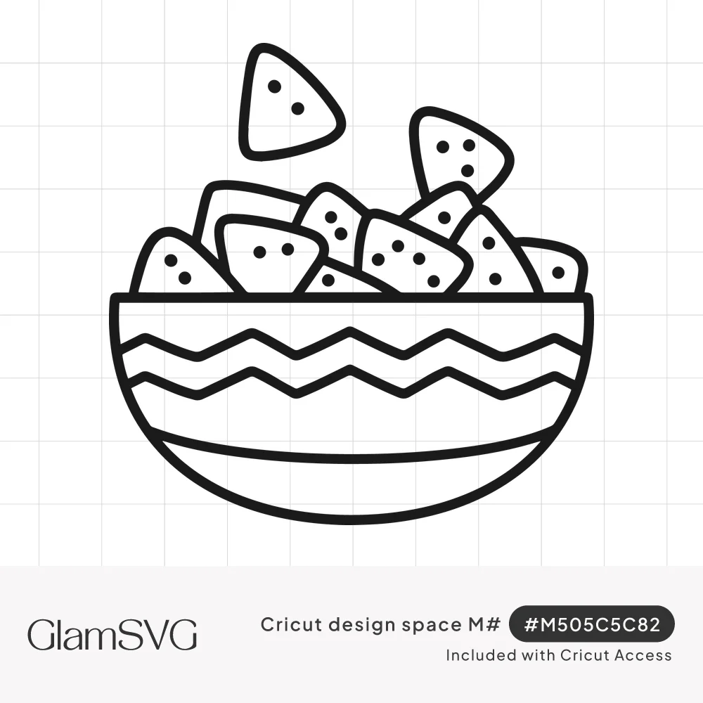Black outline drawing of a zigzag-striped bowl piled with dotted tortilla chips, two chips falling in from above