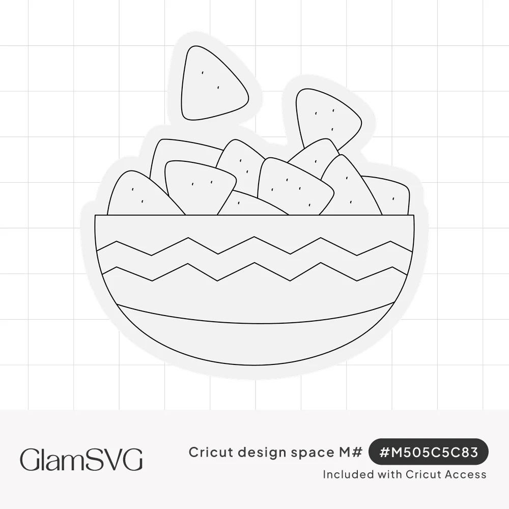 Outlined bowl filled with triangle tortilla chips with salt dots, zigzag stripe on the bowl, and a sticker border