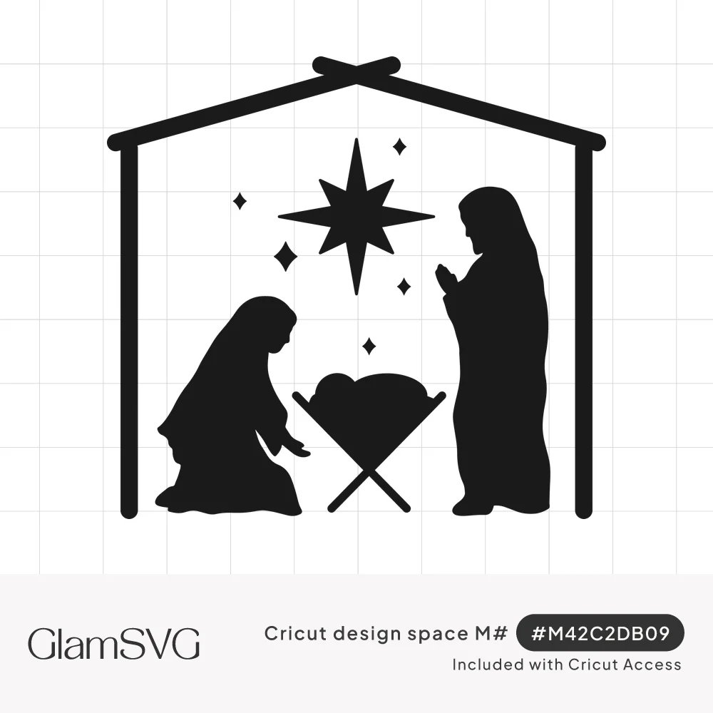 Black silhouette nativity with Mary kneeling, Joseph praying, baby Jesus in a manger and a star inside a stable frame