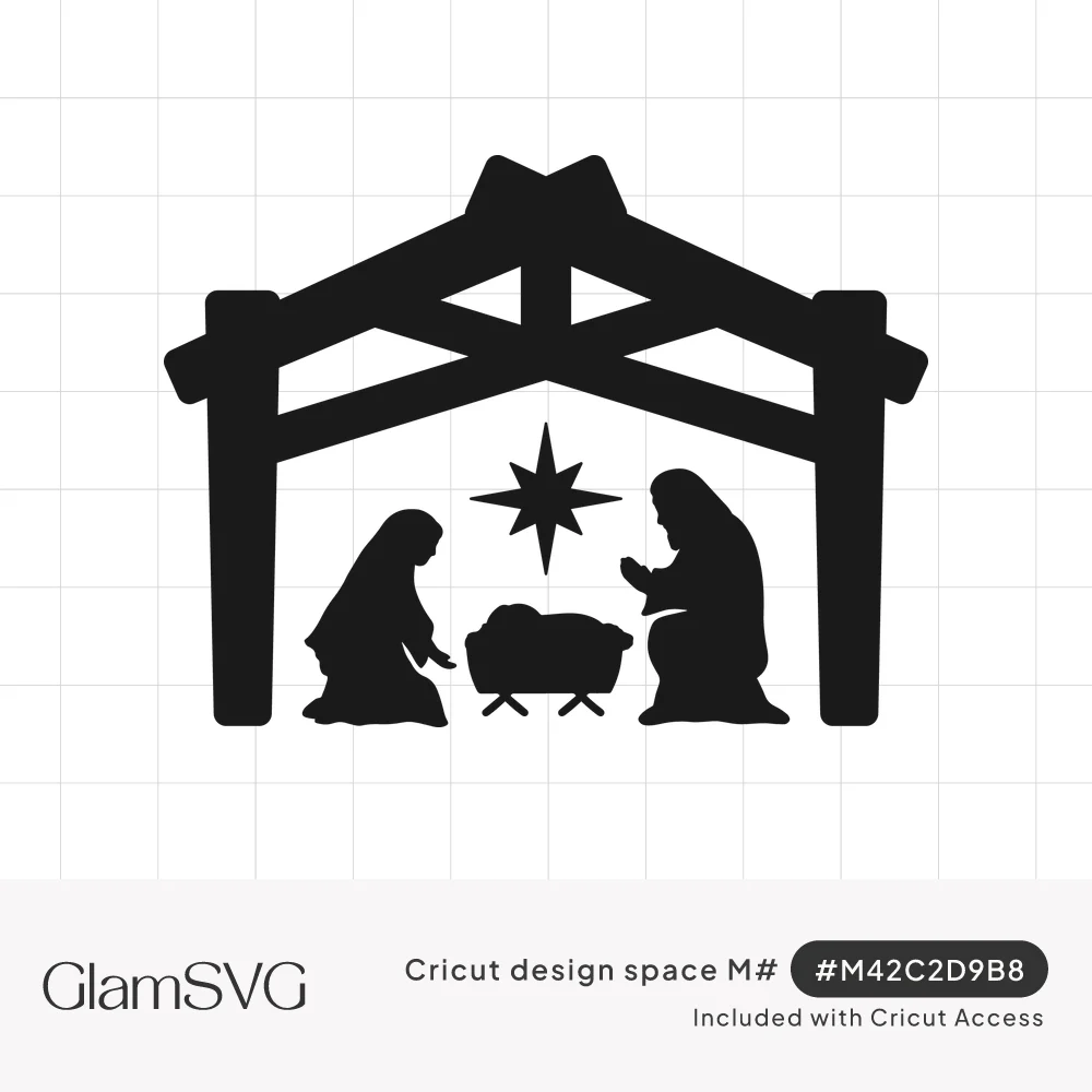 Black silhouette nativity scene with Mary, Joseph and baby Jesus in a manger under a wooden stable and a bright star