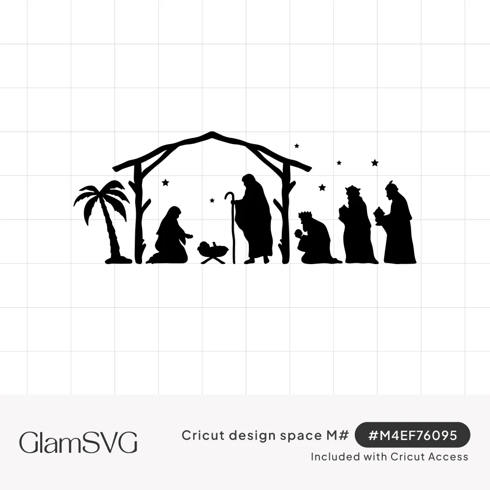 Black silhouette nativity scene with Mary, Joseph, baby Jesus in a manger, three wise men, stable, palm tree and stars