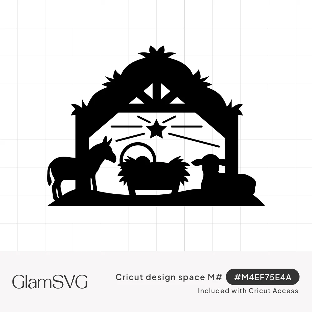 Black silhouette of a nativity stable with a star above a hay-filled manger, a donkey on the left and a lying lamb on the rig