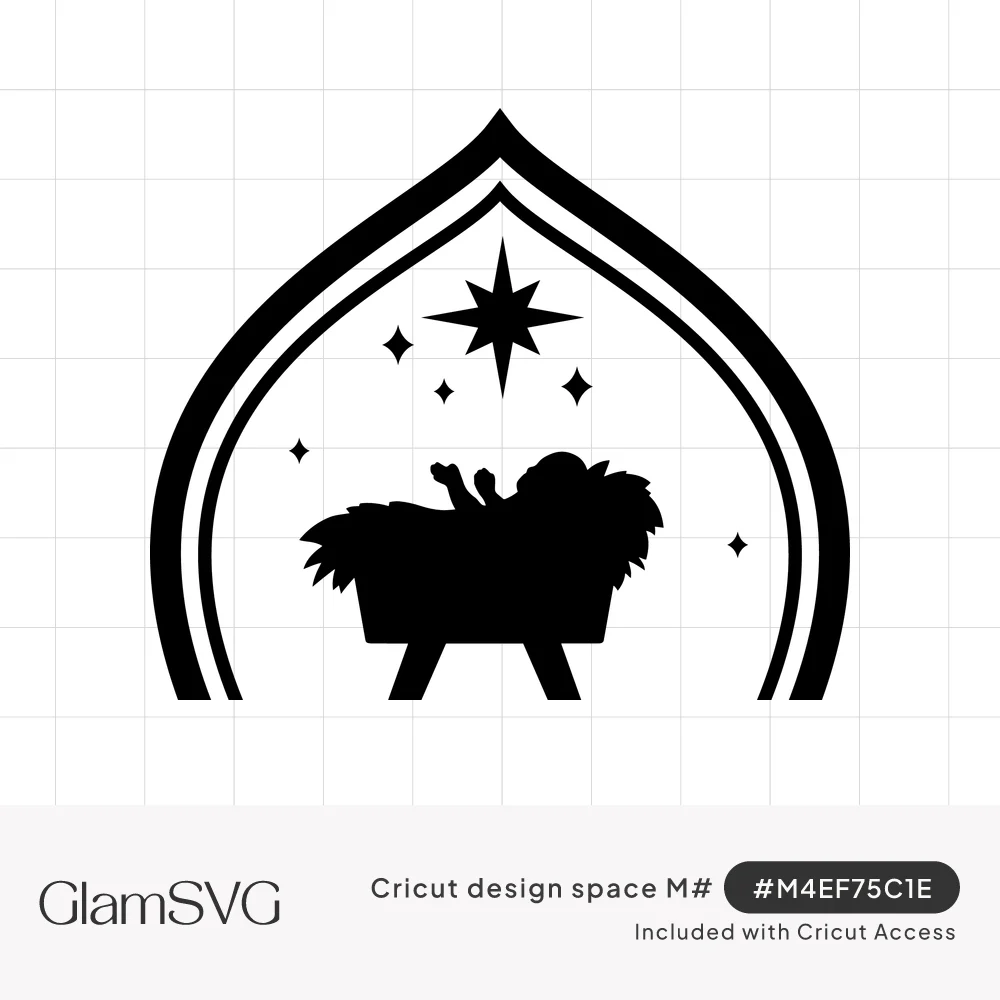 Black silhouette of baby Jesus in a straw manger under a bright star, framed by a double pointed arch with small stars