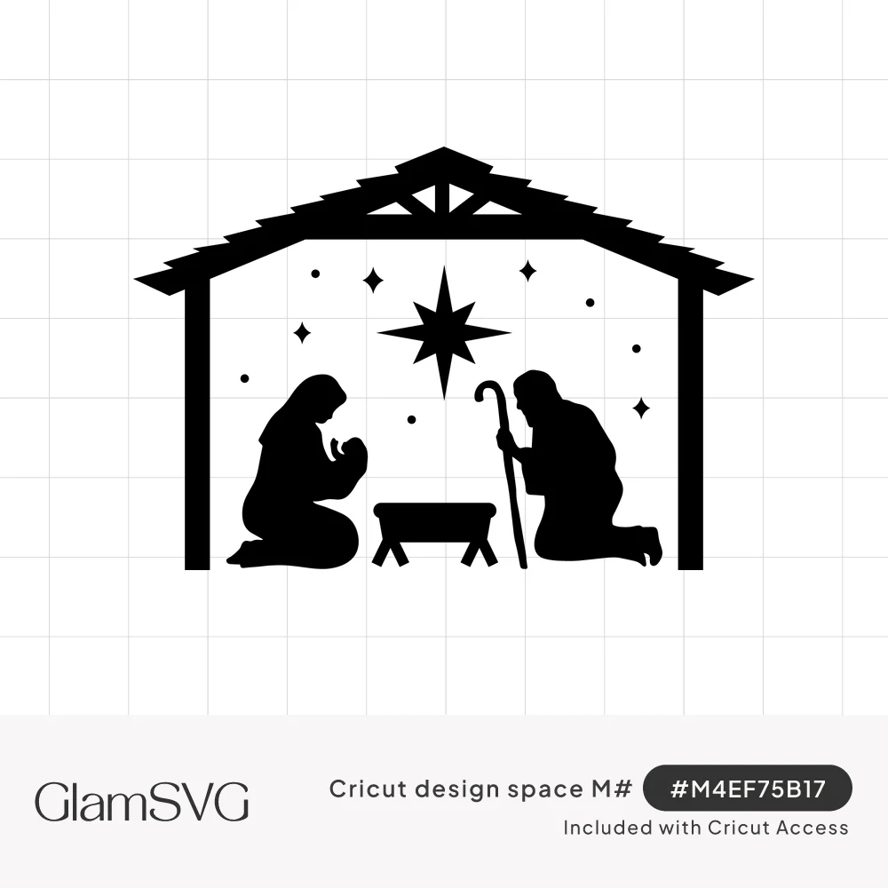 Black silhouette nativity scene with Mary holding baby Jesus, Joseph with a staff, a manger, stable roof and bright star