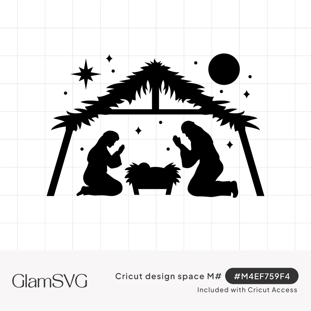 Black silhouette nativity scene with Mary and Joseph kneeling by the manger under a thatched stable, star and moon above