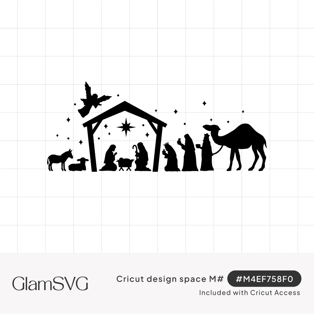 Black silhouette nativity scene with stable, Mary, Joseph, manger, angel, star, donkey, sheep, three wise men and a camel