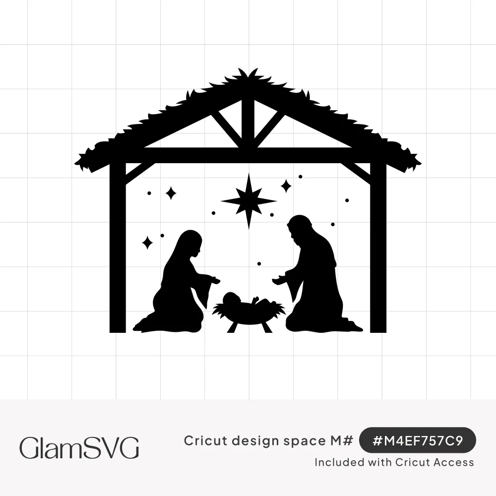 Black silhouette nativity of Mary and Joseph kneeling by baby Jesus in a manger under a thatched stable and bright star