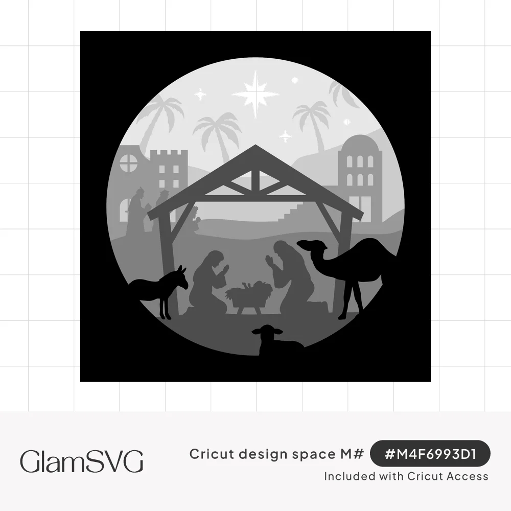 Layered circular nativity scene with Mary, Joseph and baby Jesus in a stable, camel, donkey, lamb and Bethlehem star