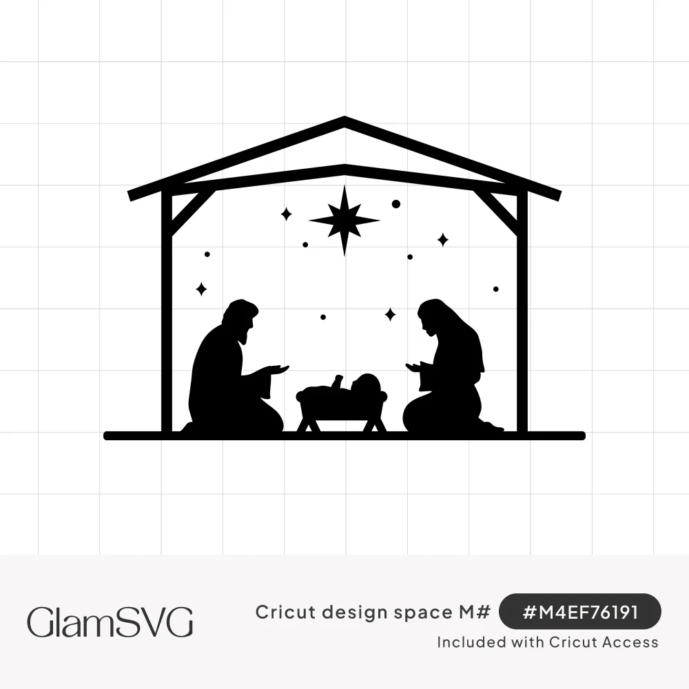 Black silhouette of Mary and Joseph kneeling by baby Jesus in a manger inside a stable, with a bright star overhead