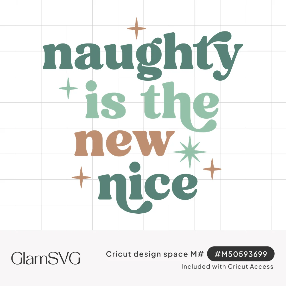 Retro lettering reading naughty is the new nice in teal, mint and tan with small sparkle stars