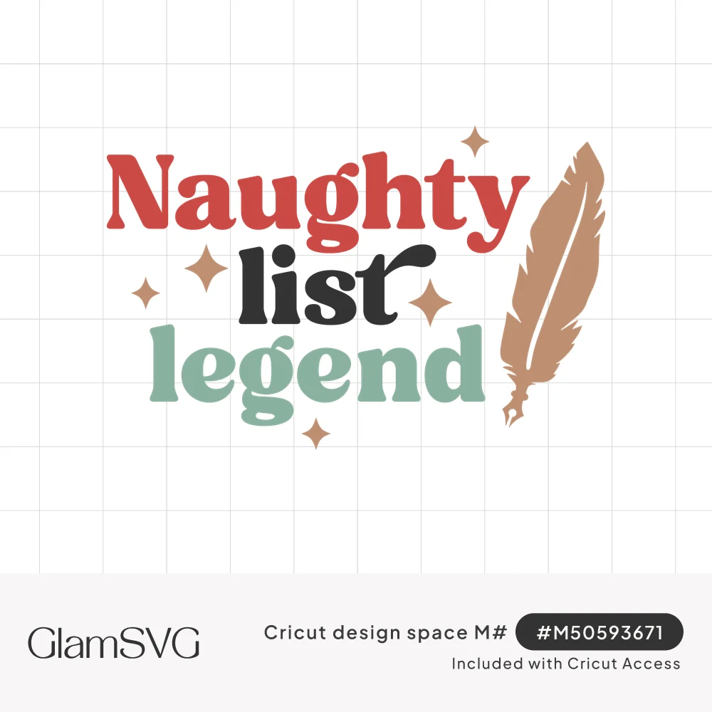 Retro lettering reading Naughty list legend in red, black and sage green with a tan quill feather and small sparkles