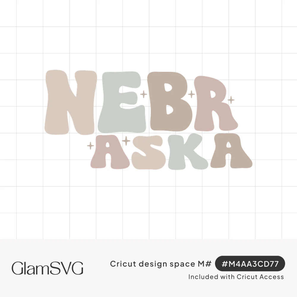 Nebraska spelled in puffy groovy bubble letters in muted pastel tones with small sparkle accents