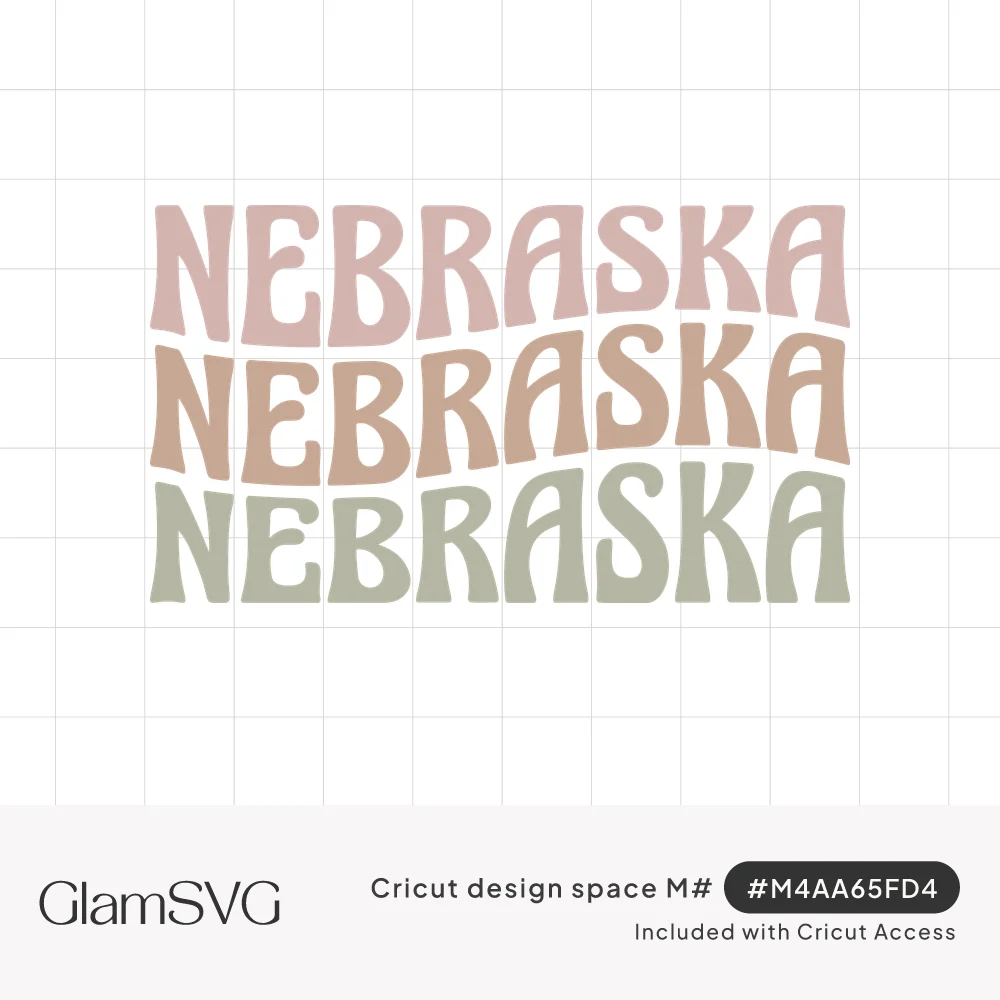 The word Nebraska repeated three times in wavy retro lettering in blush pink, terracotta and sage green