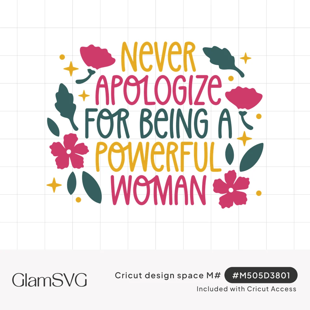 Hand-lettered quote Never Apologize For Being a Powerful Woman in yellow, pink and teal with pink flowers, leaves and sparkle