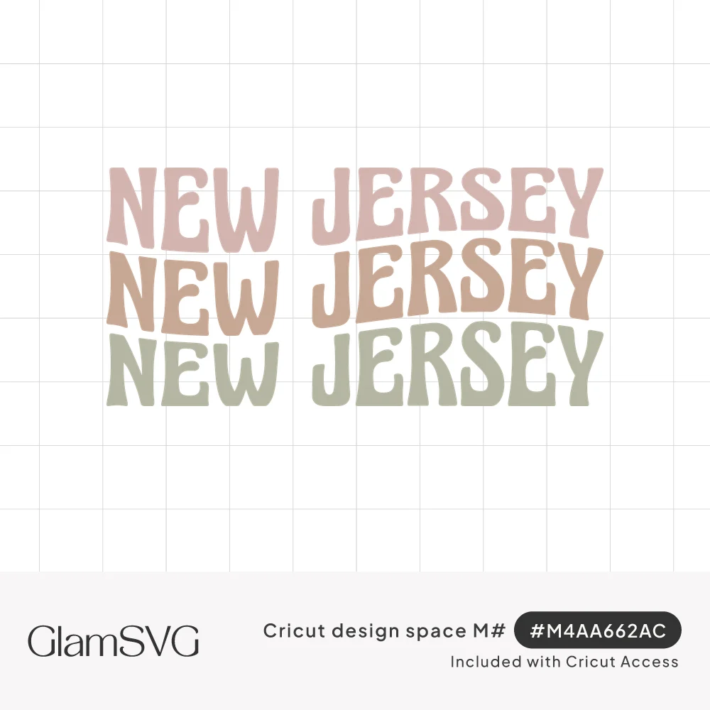 The words New Jersey repeated three times in wavy retro letters in dusty pink, tan and sage green
