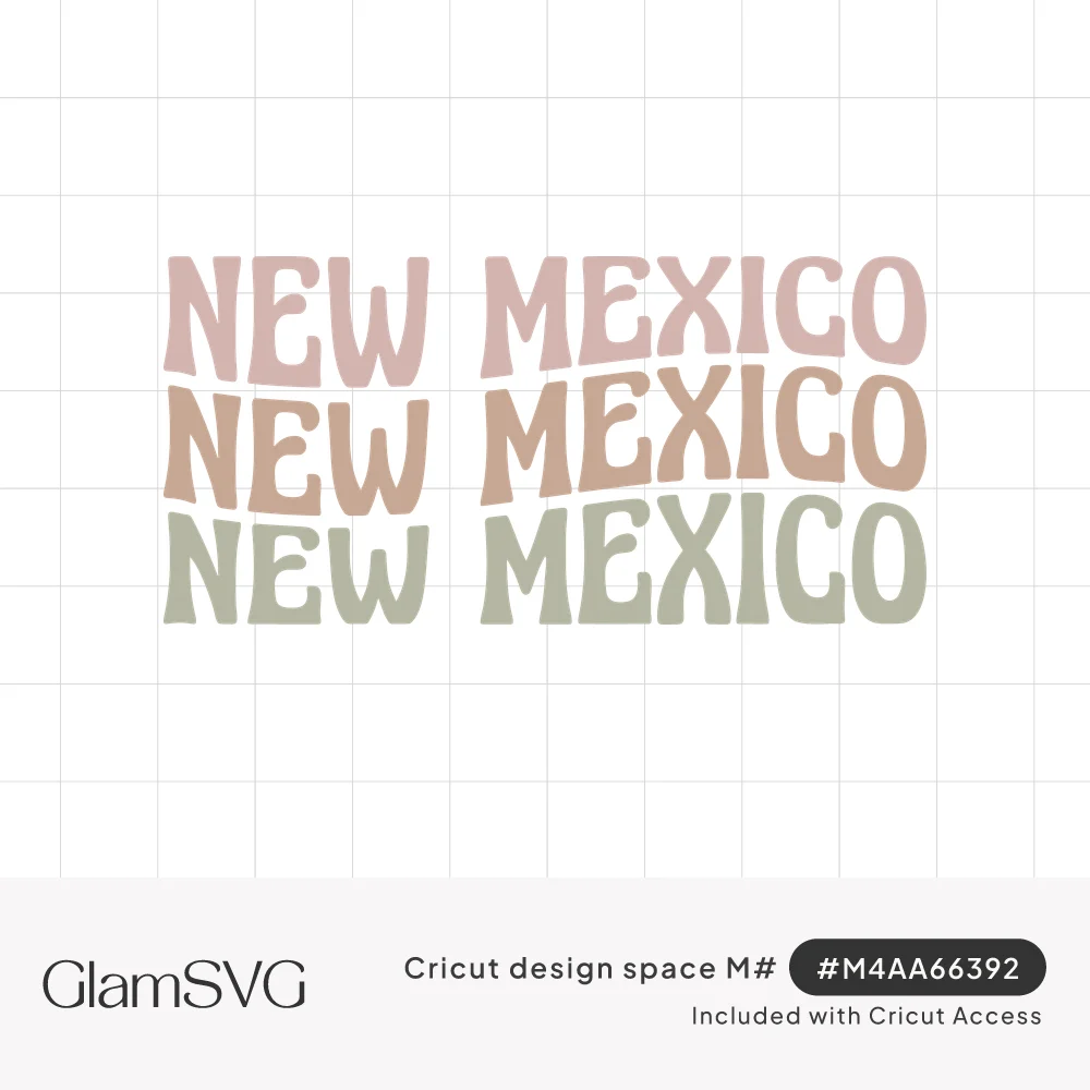The words New Mexico repeated three times in wavy retro letters in dusty pink, terracotta and sage green