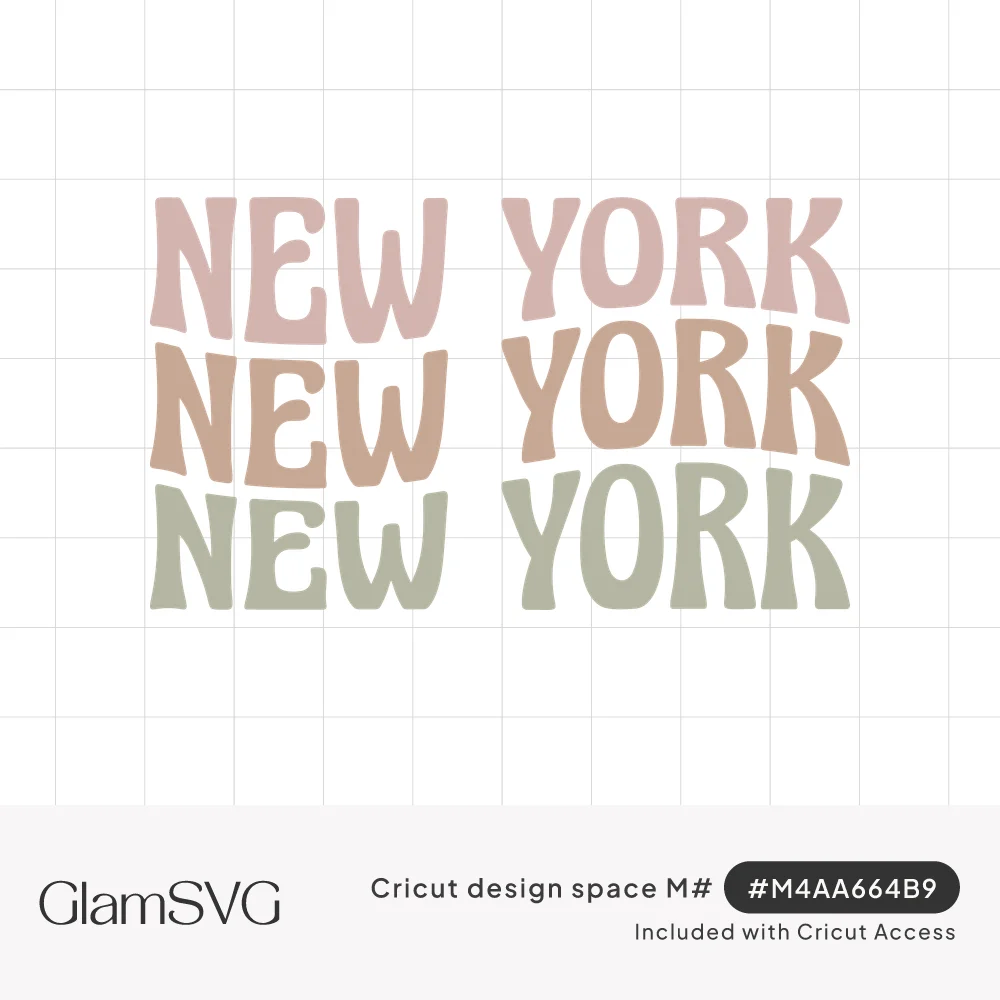 The words New York repeated three times in wavy retro letters in dusty pink, tan and sage green