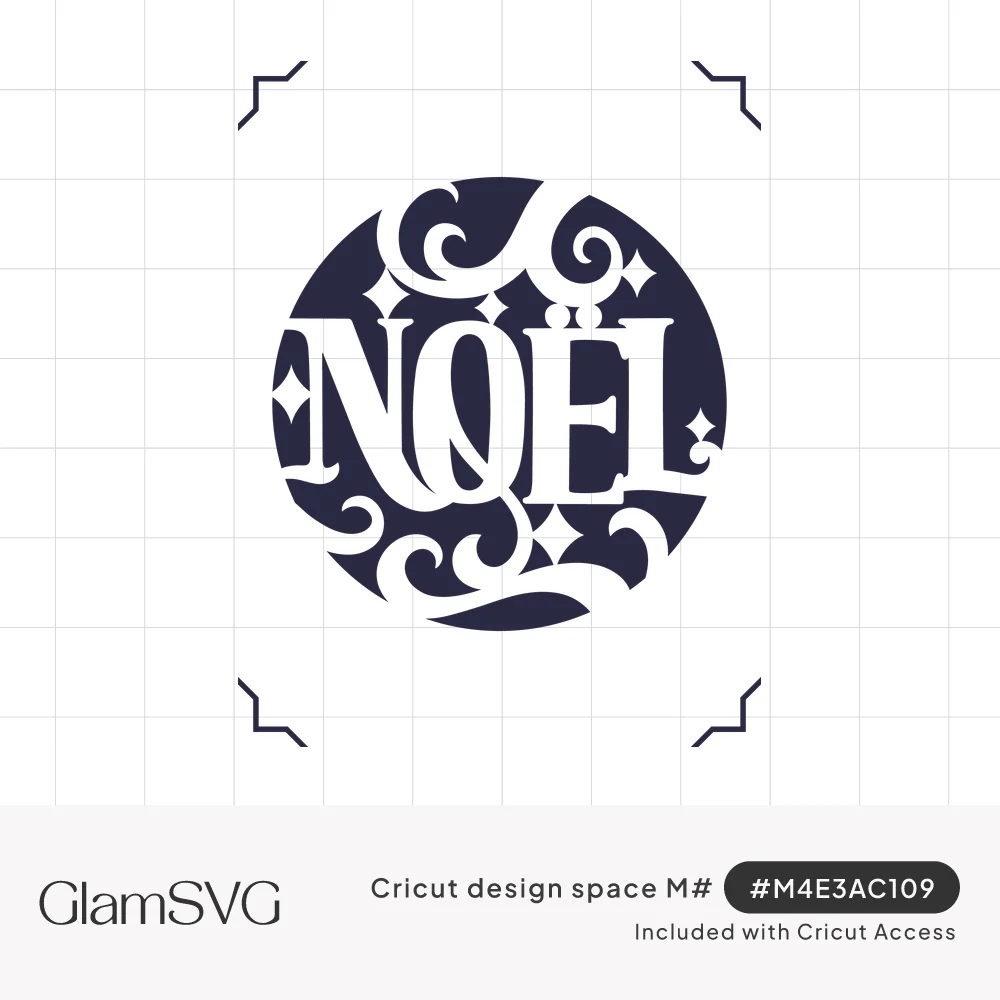 White ornate Noël lettering cut out of a navy circle with decorative swirls and four-point sparkles