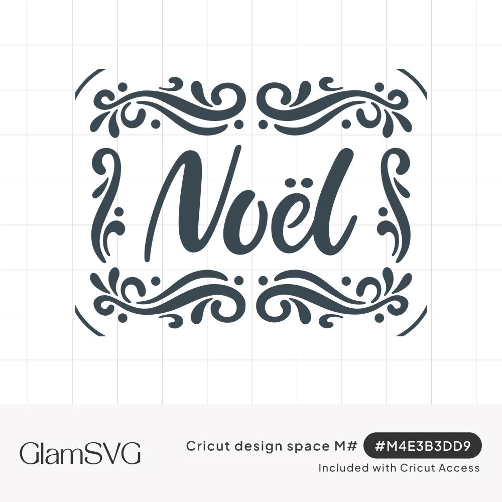 The word Noël in brush script surrounded by ornate scrolling flourishes and dots forming a decorative frame