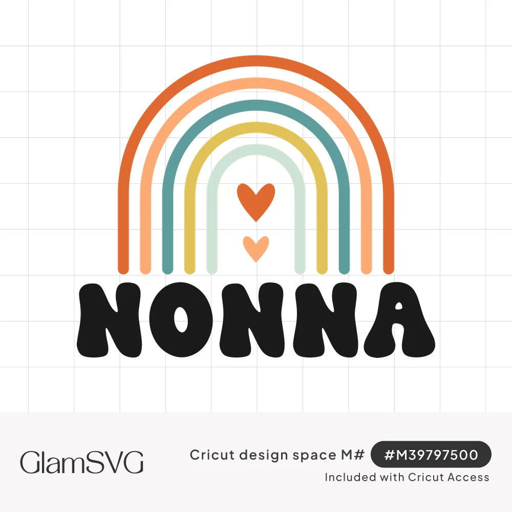 Boho rainbow in orange, peach, teal, mustard and sage arching over two hearts above bold black NONNA lettering