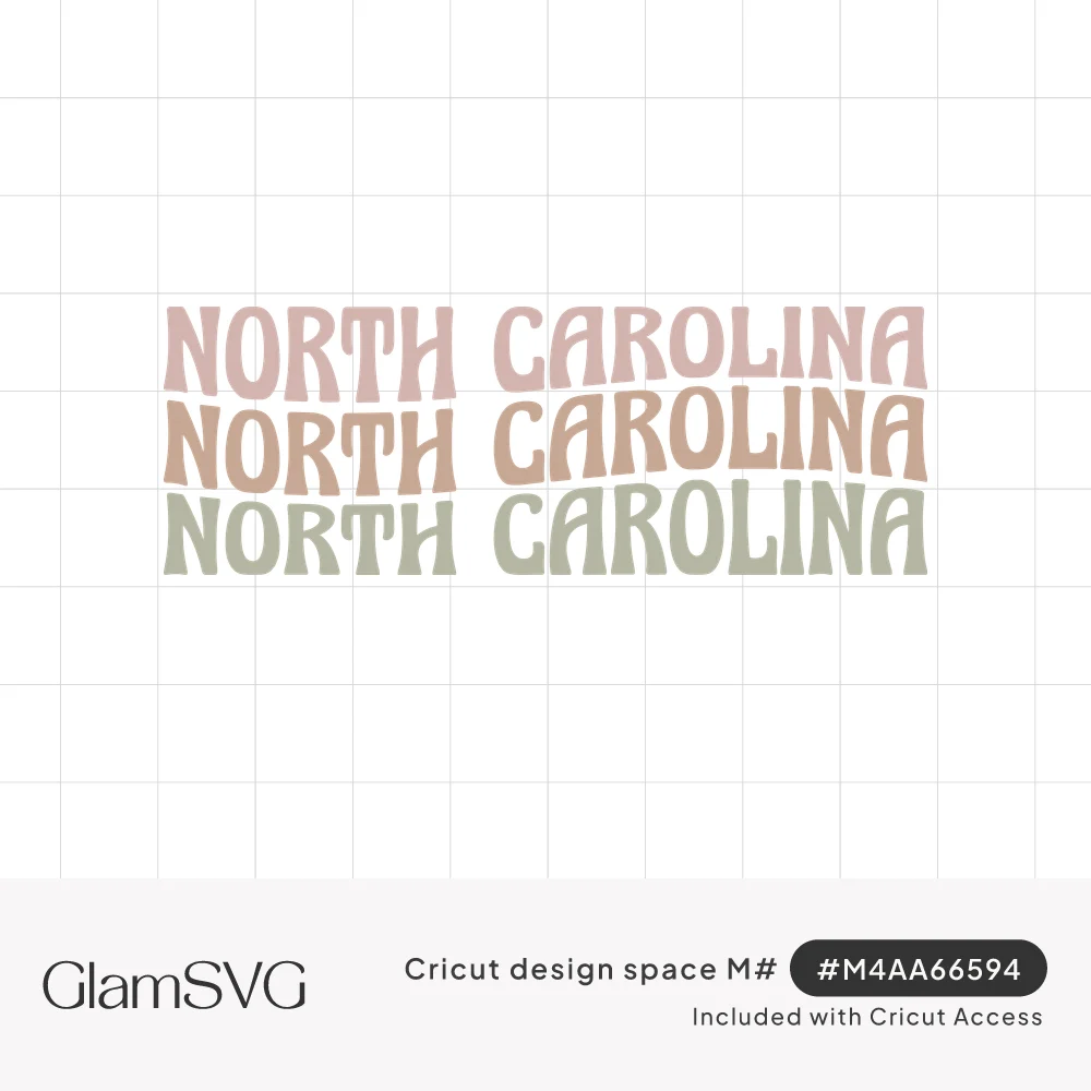 North Carolina repeated three times in wavy retro lettering in dusty pink, terracotta and sage green