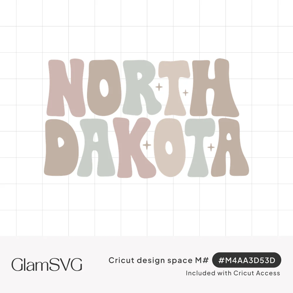 Wavy retro lettering reading North Dakota in muted pink, sage, tan and cream with small sparkle accents