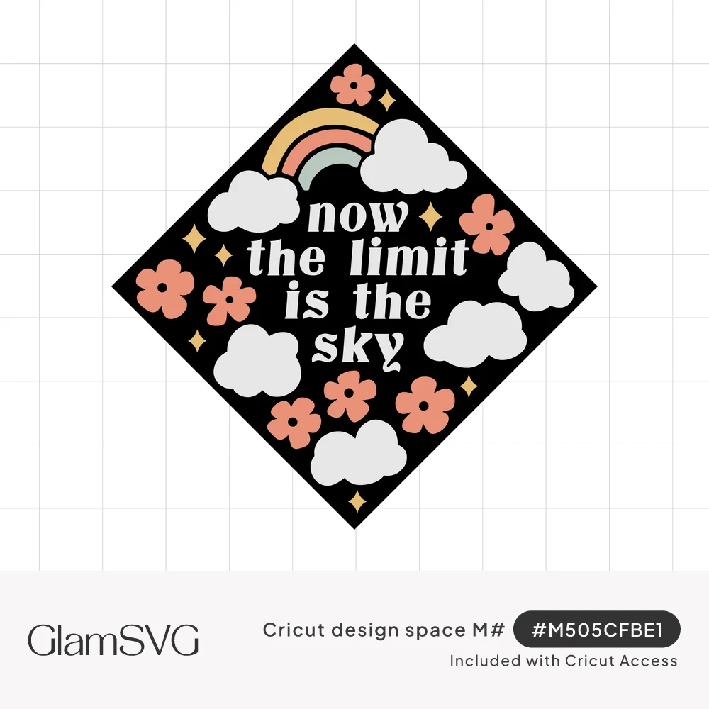 Black diamond grad cap design with a pastel rainbow, white clouds, peach flowers, gold sparkles and the words now the limit i