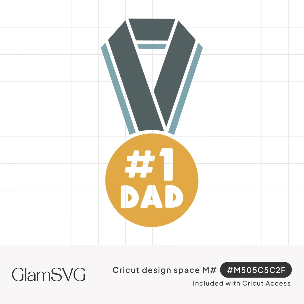 Gold medal reading #1 DAD in white letters hanging from a gray and blue layered ribbon