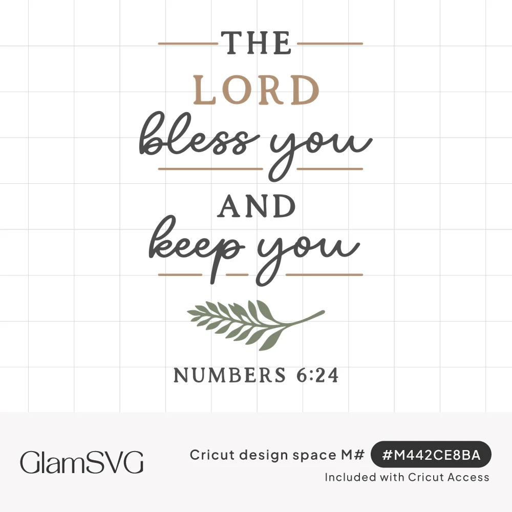 Numbers 6:24 verse 'The Lord bless you and keep you' in serif and script lettering with a green leaf sprig