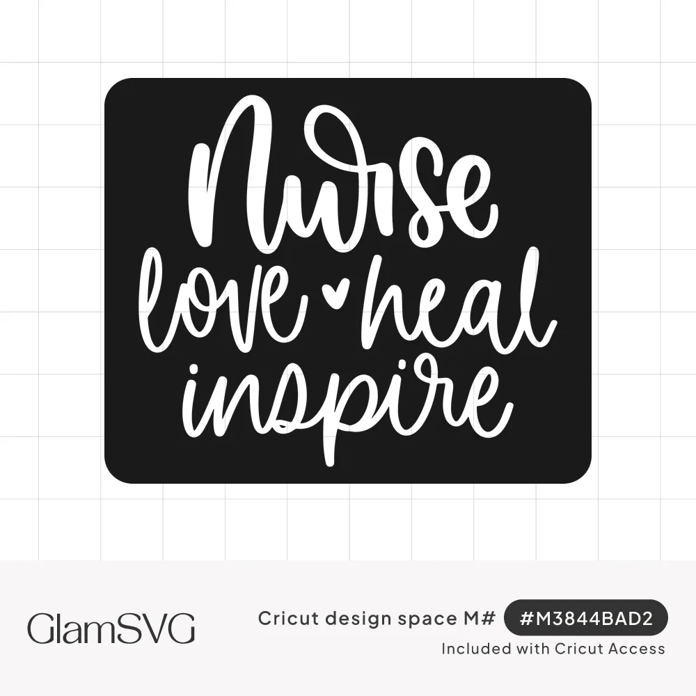 White hand-lettered script reading nurse love heal inspire with a small heart on a black background