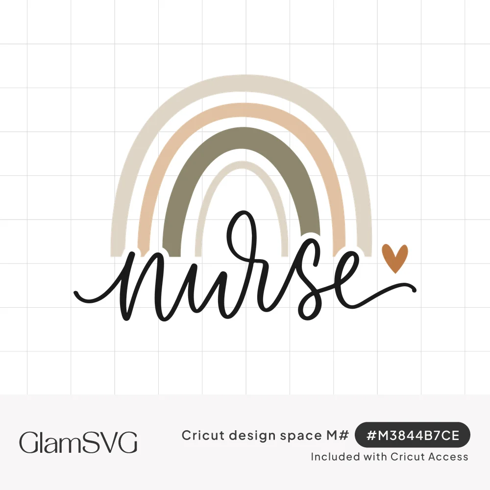 Neutral boho rainbow in cream, tan and sage with black script lettering reading nurse and a small caramel heart