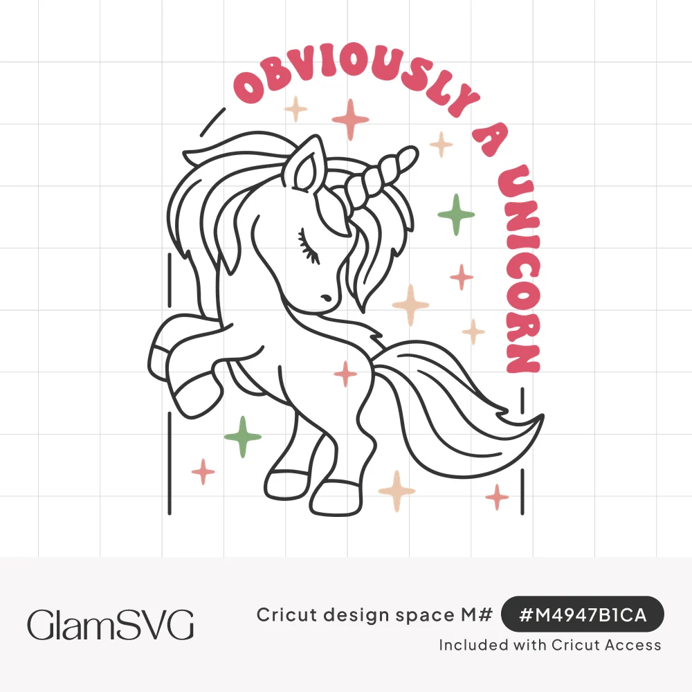 Line-drawn prancing unicorn with closed eyes under arched pink text Obviously a Unicorn, with pink and green sparkles