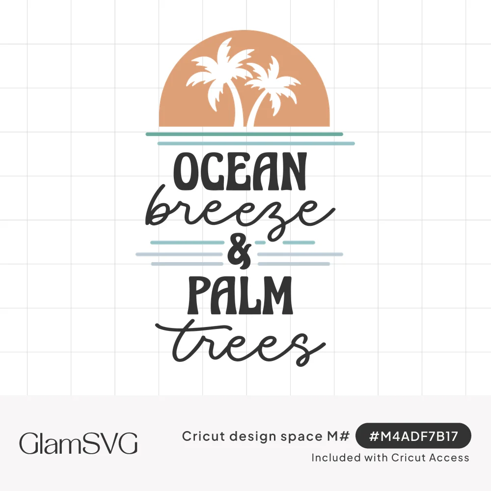 White palm trees on a peach half sun above teal lines and the words Ocean breeze and palm trees in bold and script lettering