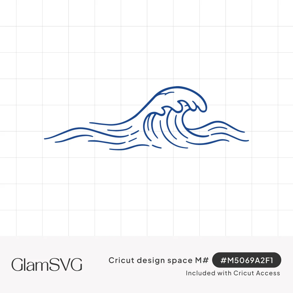Blue hand-drawn line art of a curling ocean wave cresting over rippling water lines