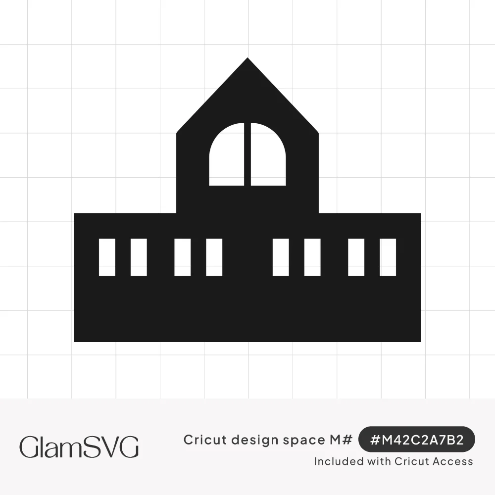 Solid black silhouette of a building with a peaked center gable, arched window, and a row of rectangular windows