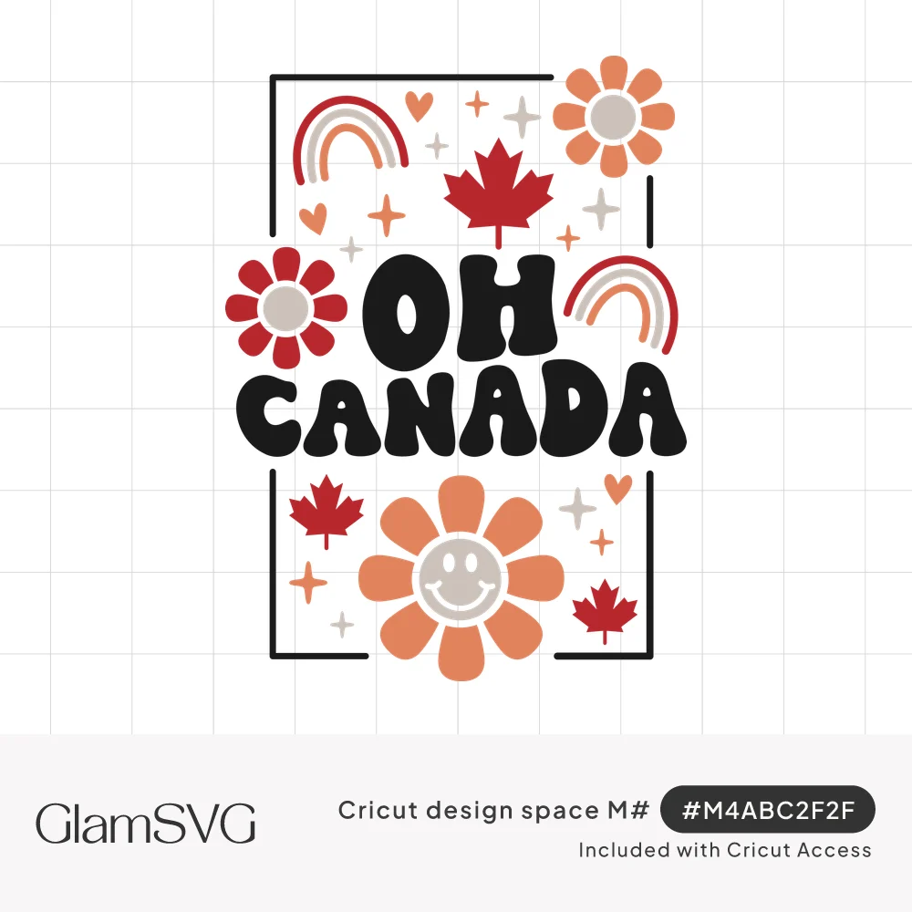 Black retro "Oh Canada" text in a frame with red maple leaves, peach daisies, rainbows, hearts and a smiley flower