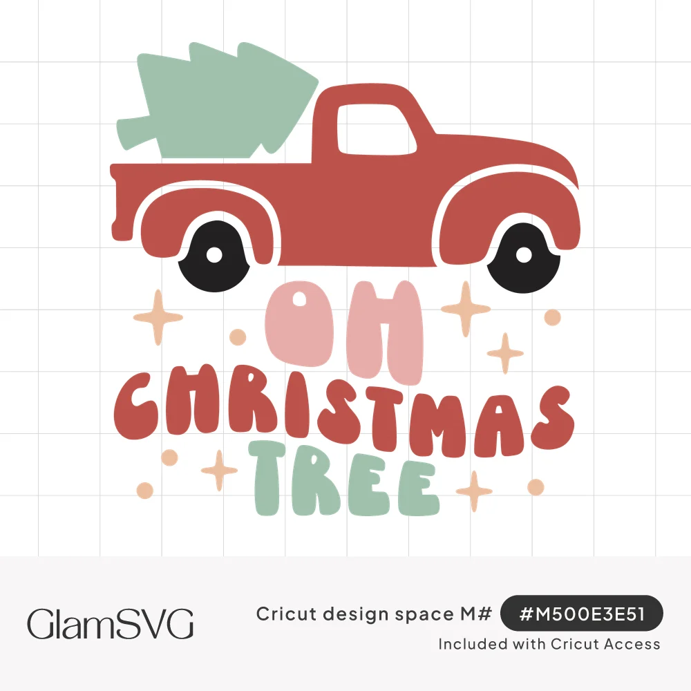 Red vintage pickup truck carrying a green Christmas tree above retro "Oh Christmas Tree" lettering with pink sparkles