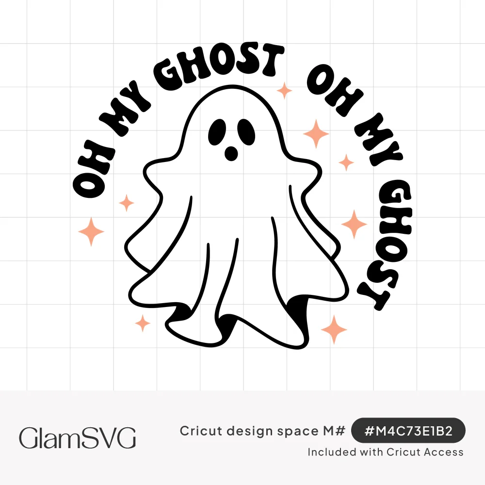 Cute white sheet ghost with surprised face, curved Oh My Ghost lettering repeated around it, and peach sparkle accents