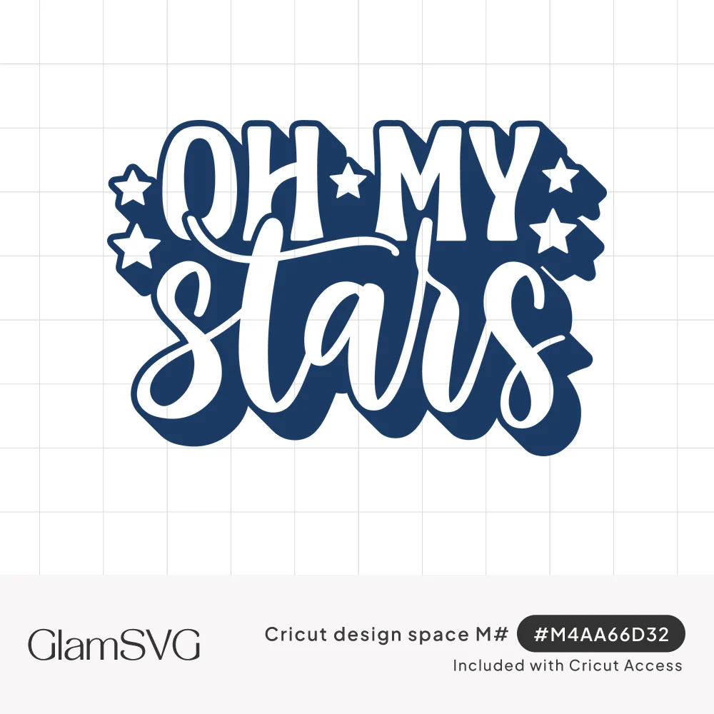 Navy "Oh My Stars" lettering in block and script letters with small white stars and a layered shadow outline