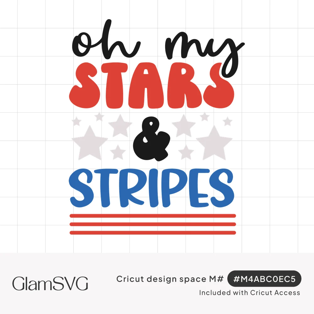 Oh my stars and stripes lettering in black, red and blue with gray stars behind a black ampersand and red stripes below
