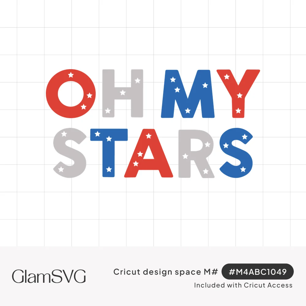 Bold rounded letters spelling Oh My Stars in red, gray and blue, each letter dotted with small white stars